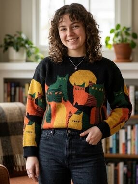 KCult Cat Sweater Men Women Knit Crewneck Retro Abstract Moon Halloween Small